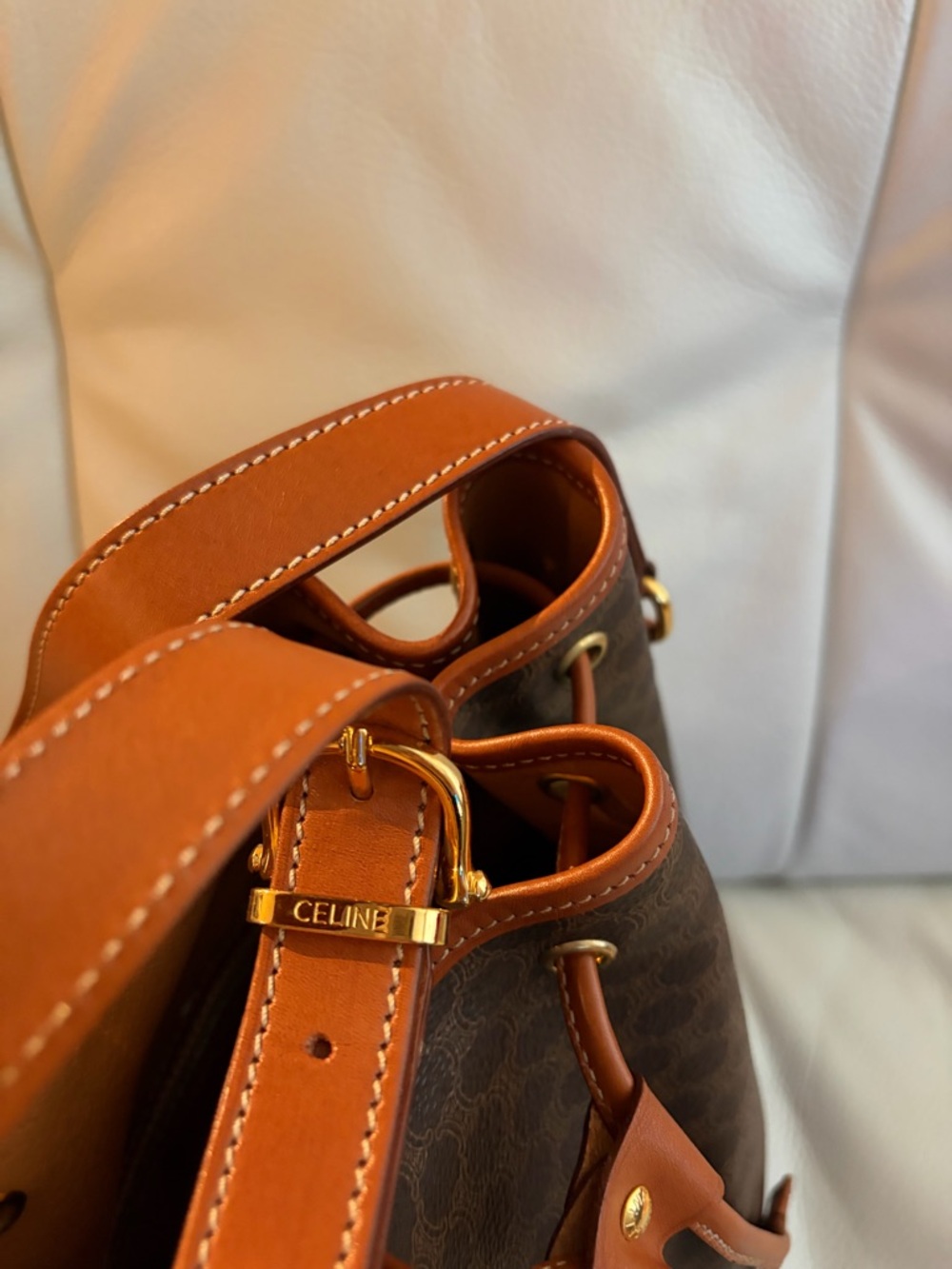 Celine Brown Signature Drawstring Bucket Bag with Tan Trim - Picture 6 of 9